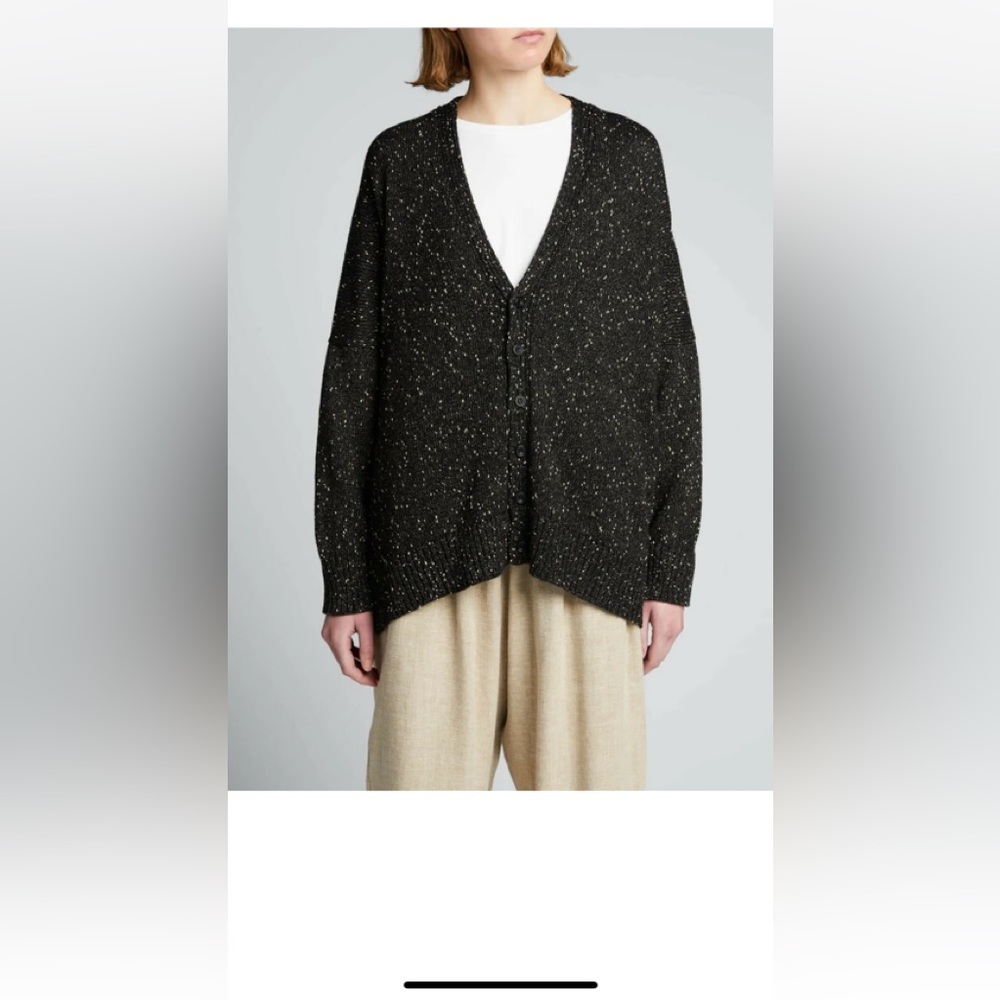 Eskandar Black Gold Metallic Sparkly Linen Cashmere Cardigan Sweater OS Oversize